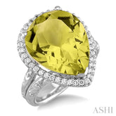 16x13 MM Pear Shape Lemon Quartz and 1/3 Ctw Round Cut Diamond Semi-Precious Ring in 14K White Gold