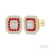 1/3 Ctw Octagonal Shape 1.25 MM Round Cut Ruby, Baguette and Round Cut Diamond Fusion Precious Stud Earrings in 14K Yellow Gold