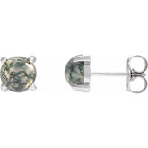 14K White Gold Natural Moss Agate Cabochon Earrings