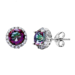 Sterling Silver Prong Round Rainbow CZ with Clear CZ Border Earrings Sterling Silver Prong Round Rainbow CZ with Clear CZ Border Earrings