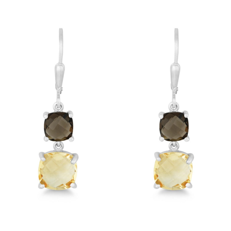 Sterling Silver 6mm and 8mm Square Smokey and Citrine Prong Set Double Drop Down Earrings Sterling Silver 6mm and 8mm Square Smokey and Citrine Prong Set Double Drop Down Earrings