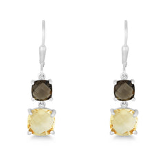 Sterling Silver 6mm and 8mm Square Smokey and Citrine Prong Set Double Drop Down Earrings Sterling Silver 6mm and 8mm Square Smokey and Citrine Prong Set Double Drop Down Earrings