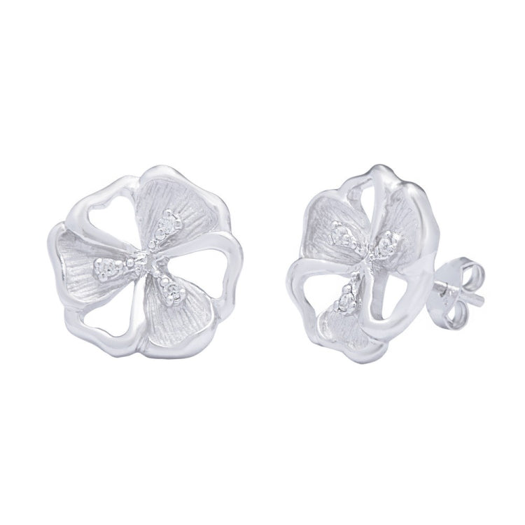 Sterling Silver Petunia Shaped Diamond Sanded CZ Stud Earrings Sterling Silver Petunia Shaped Diamond Sanded CZ Stud Earrings