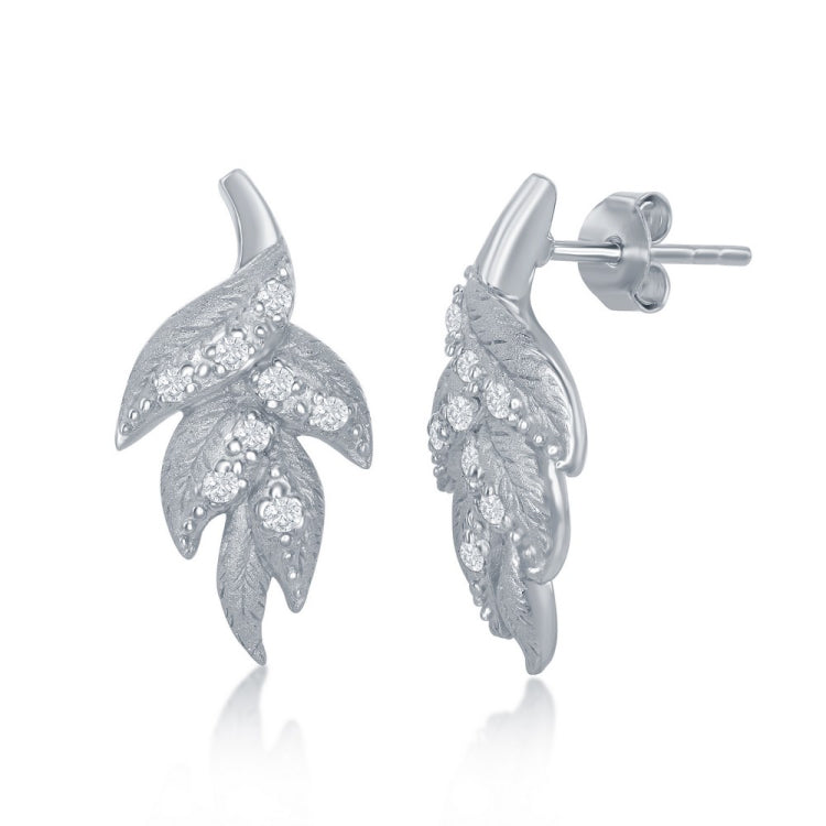 Sterling Silver Leaf Diamond Sanded CZ Stud Earrings Sterling Silver Leaf Diamond Sanded CZ Stud Earrings