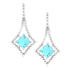 Sterling Silver Open Beaded Square with Center Square Blue Topaz Earrings Sterling Silver Open Beaded Square with Center Square Blue Topaz Earrings