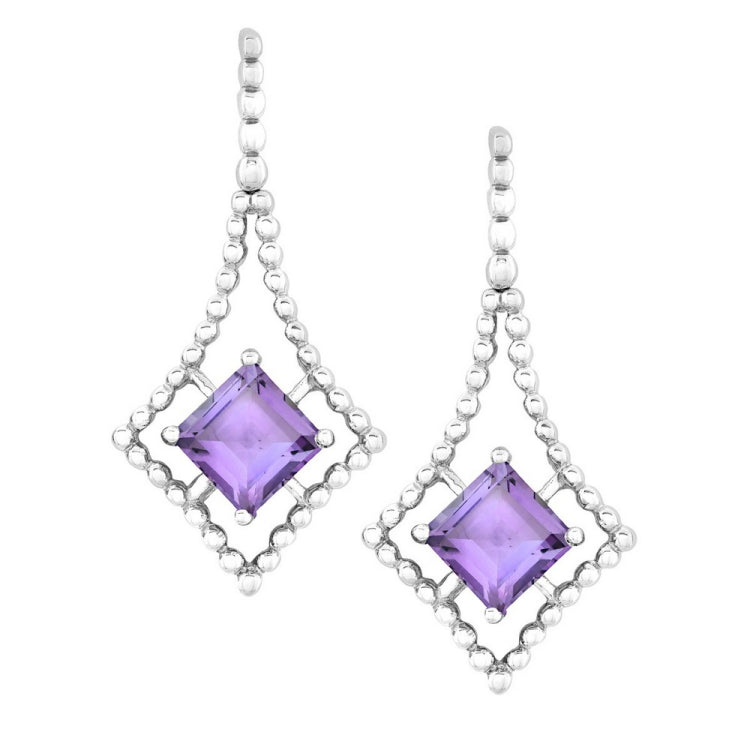 Sterling Silver Open Beaded Square with Center Square Amethyst Earrings Sterling Silver Open Beaded Square with Center Square Amethyst Earrings