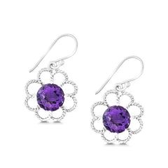 Sterling Silver Open Petal Flower with Center Round Amethyst Earrings Sterling Silver Open Petal Flower with Center Round Amethyst Earrings