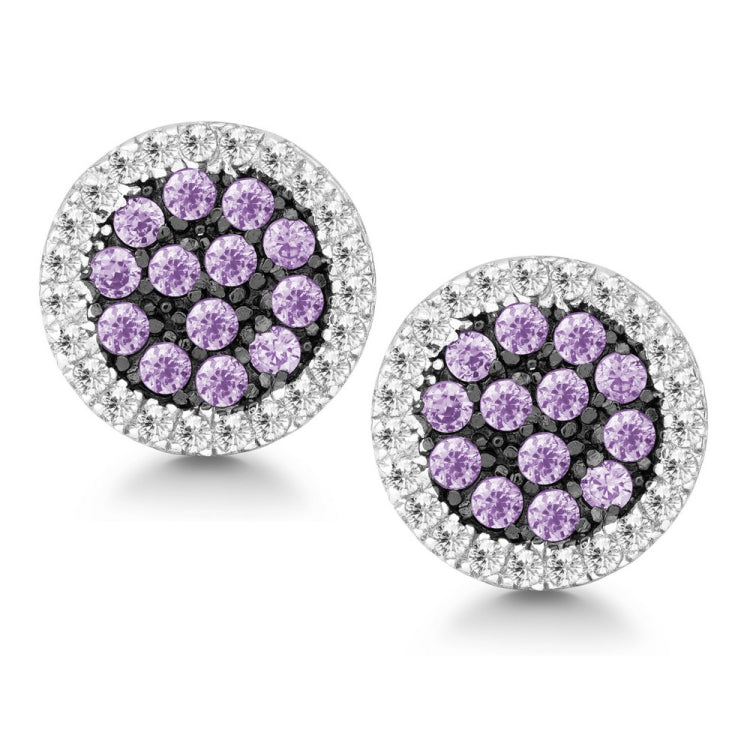 Sterling Silver Clear and Purple CZ Black Rhodium Round Earrings Sterling Silver Clear and Purple CZ Black Rhodium Round Earrings