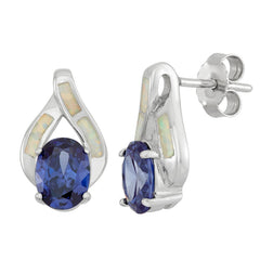 Sterling Silver White Inlay Opal w/ Large Blue Oval CZ Earrings Sterling Silver White Inlay Opal w/ Large Blue Oval CZ Earrings