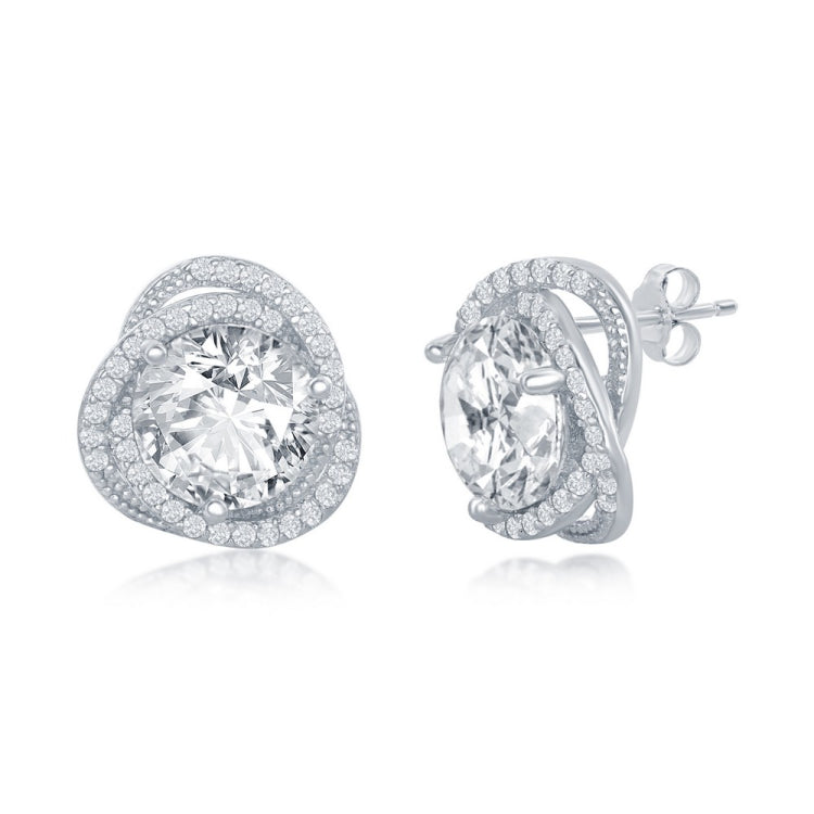 Sterling Silver 12mm Round CZ Flower Design Earrings Sterling Silver 12mm Round CZ Flower Design Earrings