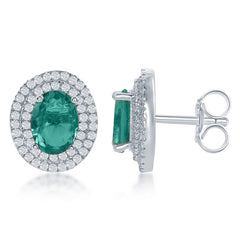 Sterling Silver Oval Simulated Emerald with CZ Border Earrings Sterling Silver Oval Simulated Emerald with CZ Border Earrings