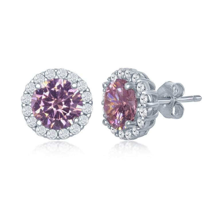 Sterling Silver Prong Round Pink CZ with Clear CZ Border Stud Earrings Sterling Silver Prong Round Pink CZ with Clear CZ Border Stud Earrings