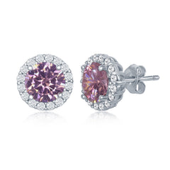 Sterling Silver Prong Round Pink CZ with Clear CZ Border Stud Earrings Sterling Silver Prong Round Pink CZ with Clear CZ Border Stud Earrings