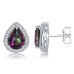 Sterling Silver Teardrop Simulated Rainbow with CZ Border Earrings Sterling Silver Teardrop Simulated Rainbow with CZ Border Earrings