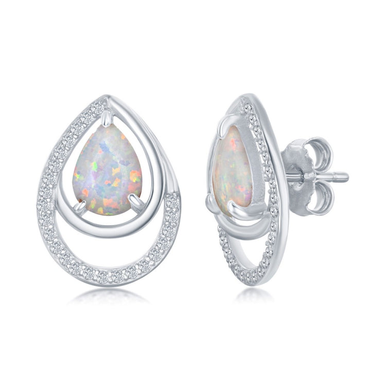 Sterling Silver CZ Double Pear-Shaped White Opal Earrings Sterling Silver CZ Double Pear-Shaped White Opal Earrings