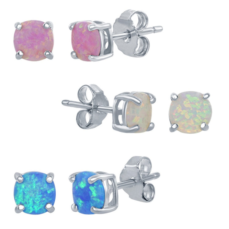 Sterling Silver 6mm White, Pink, and Blue Opal Set of 3 Round Stud Earrings Sterling Silver 6mm White, Pink, and Blue Opal Set of 3 Round Stud Earrings
