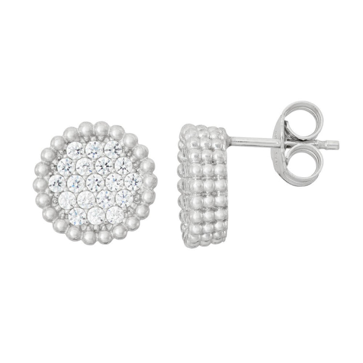 Sterling Silver Small Round CZ with Beaded Border Stud Earrings Sterling Silver Small Round CZ with Beaded Border Stud Earrings