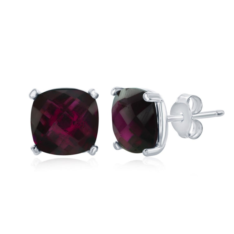Sterling Silver 'October Birthstone' Square Created  Rhodolite Stud Earrings Sterling Silver 'October Birthstone' Square Created  Rhodolite Stud Earrings