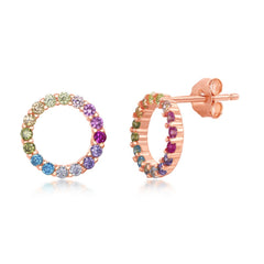 Sterling Silver Rainbow CZ Open Circle Stud Earrings - Rose Gold Plated Sterling Silver Rainbow CZ Open Circle Stud Earrings - Rose Gold Plated