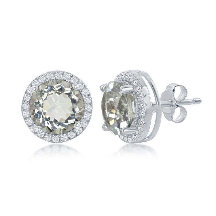 Sterling Silver 5.7cttw Green Amethyst Center Stone with 0.882cttw White Topaz Border Stud Earrings Sterling Silver 5.7cttw Green Amethyst Center Stone with 0.882cttw White Topaz Border Stud Earrings