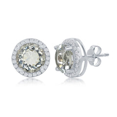 Sterling Silver 5.7cttw Green Amethyst Center Stone with 0.882cttw White Topaz Border Stud Earrings Sterling Silver 5.7cttw Green Amethyst Center Stone with 0.882cttw White Topaz Border Stud Earrings