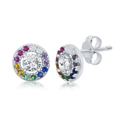 Sterling Silver Center White CZ with Rainbow CZ Border Round Stud Earrings Sterling Silver Center White CZ with Rainbow CZ Border Round Stud Earrings