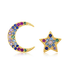 Sterling Silver Crescent Moon and Star Rainbow CZ Stud Earrings - Gold Plated Sterling Silver Crescent Moon and Star Rainbow CZ Stud Earrings - Gold Plated