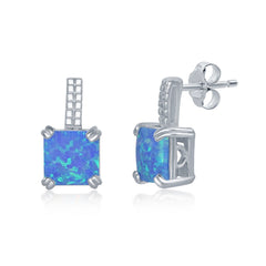 Sterling Silver Beaded Bar Prong Square Blue Opal Earrings Sterling Silver Beaded Bar Prong Square Blue Opal Earrings