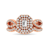 Diamond Twist Shank Double Halo Bridal Ring 3/4 ct tw Emerald Cut in 14K Rose Gold