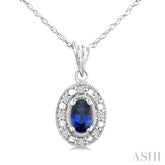 5x3 MM Oval Shape Sapphire and 1/20 Ctw Round Cut Diamond Pendant in 10K White Gold with Chain