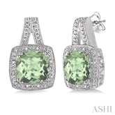 8x8 MM Cushion Shape Green Amethyst and 1/20 Ctw Round Cut Diamond Earrings in Sterling Silver