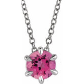14K White 5 mm Natural Pink Tourmaline Solitaire 16-18" Necklace