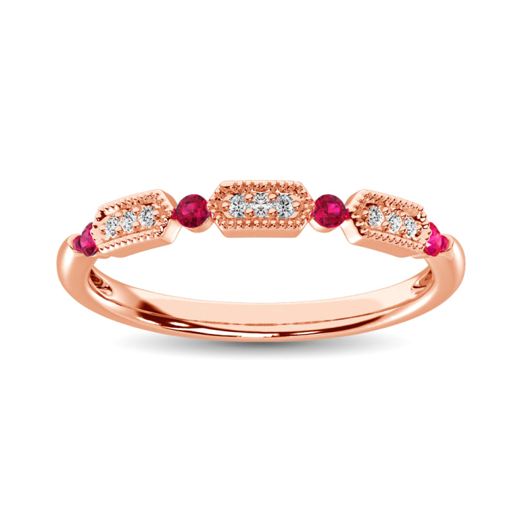 Diamond 1/5 Ct.Tw. And Ruby Stack Band in 14K Rose Gold ( 9 Diamond and 4 Ruby ) Diamond 1/5 Ct.Tw. And Ruby Stack Band in 14K Rose Gold ( 9 Diamond and 4 Ruby )