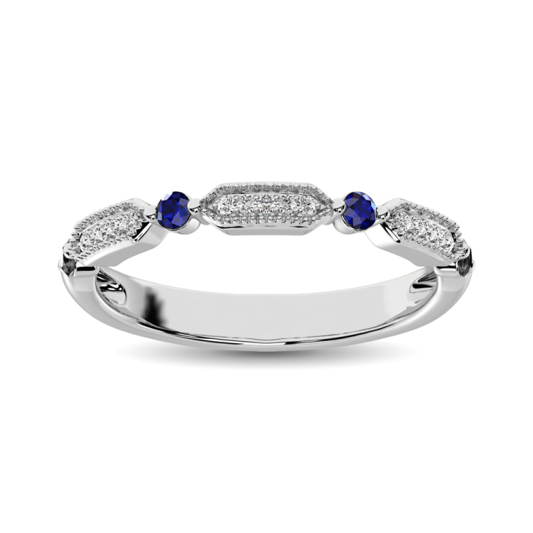 Diamond 1/5 Ct.Tw. And Blue Sapphire Stack Band in 14K White Gold ( 15 Diamond and 4 Blue Sapphire ) Diamond 1/5 Ct.Tw. And Blue Sapphire Stack Band in 14K White Gold ( 15 Diamond and 4 Blue Sapphire )