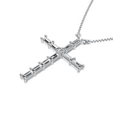 10K White Gold 1/4 Ct.Tw. Diamond Round and Baguette Cross Necklace