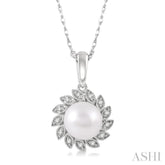 7x7 MM Round Shape Cultured Pearl and 1/10 Ctw Sunflower Round Cut Diamond Pendant With Chain in 10K White Gold