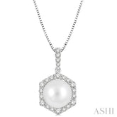 8 MM Cultured Pearl and 1/3 Ctw Hexagon Shape Round Cut Diamond Pendant With Chain in 14K White Gold