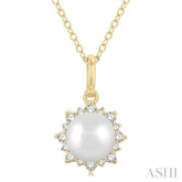 6 MM Round Shape Cultured Pearl and 1/10 Ctw Petite Sun Round Cut Diamond Fashion Pendant With Chain in 10K Yellow Gold