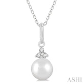 6 MM Round Shape Cultured Pearl and 1/50 Ctw Round Cut Diamond Petite Fashion Pendant With Chain in 10K White Gold
