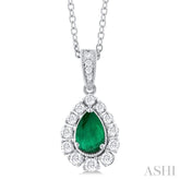 6X4 MM Pear Cut Emerald and 1/4 Ctw Round Cut Diamond Precious Pendant With Chain in 14K White Gold