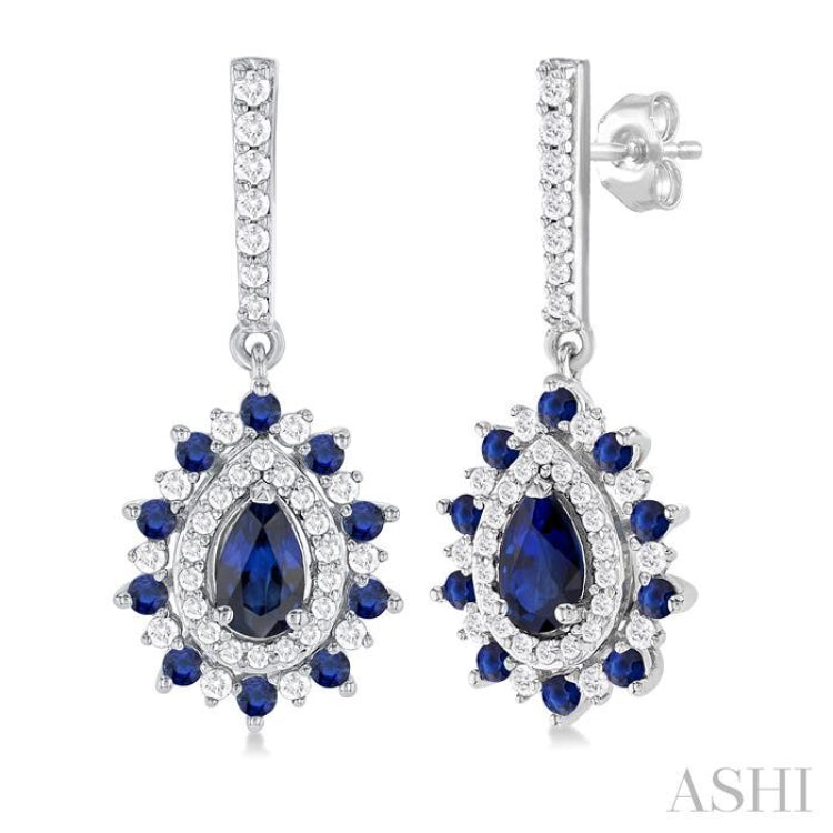 5x3 MM Pear Cut & 1.45 MM Round Cut Sapphire and 1/3 Ctw Round Cut Diamond Precious Earring in 14K White Gold 5x3 MM Pear Cut & 1.45 MM Round Cut Sapphire and 1/3 Ctw Round Cut Diamond Precious Earring in 14K White Gold