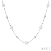5 MM Round Shape Cultured Pearls and 1/4 Ctw Round Cut Diamond Station Necklace in 14K White Gold