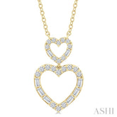 1/3 Ctw Twin Heart Fusion Baguette and Round Cut Diamond Pendant With Chain in 10K Yellow Gold