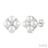 4 MM Round Shape Floral Cultured Pearls and 1/10 Ctw Round Cut Diamond Fashion Stud Earring in 10K White Gold