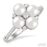 5x5 MM Round Shape Floral Cultured Pearls and 1/6 Ctw Round Cut Diamond Fashion Ring in 10K White Gold