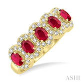 4x3 MM Oval Cut Ruby and 1/3 Ctw Round Cut Diamond Precious Wedding Band in 14K Yellow Gold