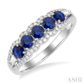 3.1 MM Round Sapphire and 1/4 Ctw Baguette and Round Cut Diamond 5-Stone Precious Ring in 14K White Gold