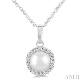 5 MM Cultured White Pearl and 1/20 Ctw Single Cut Diamond Halo Pendant With Chain in 14K White Gold