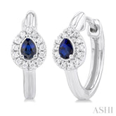4X3 MM Pear Cut Sapphire and 1/10 Ctw Petite Round Cut Halo Diamond Fashion Huggies in 10K White Gold