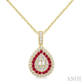 1.25 MM & 1.45 MM Pear Shape Ruby and 1/4 Ctw Baguette and Round Cut Diamond Precious Pendant With Chain in 14K Yellow Gold